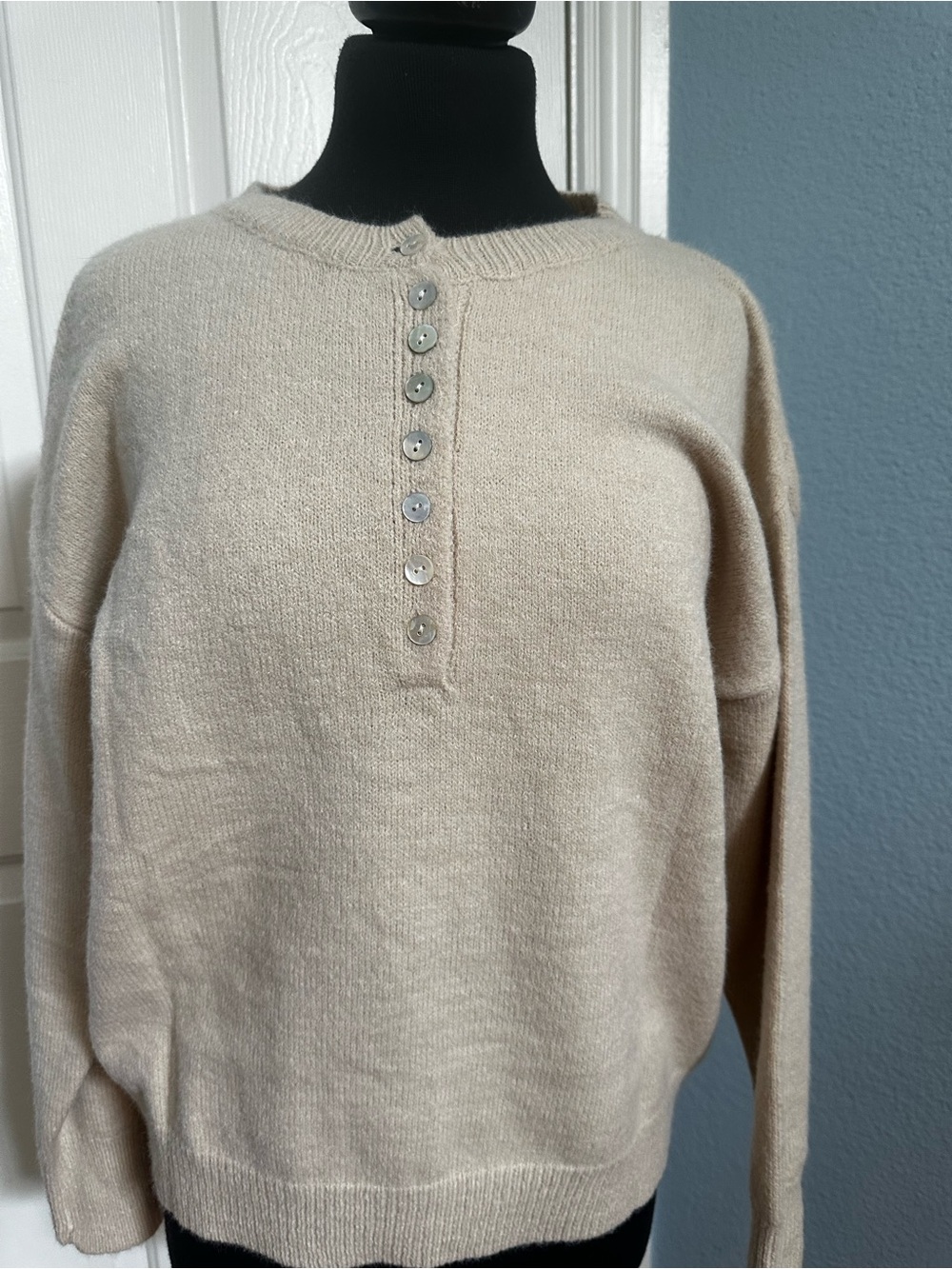 Neutral Cream Button-Front Crewneck Sweater